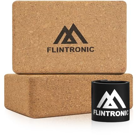 Flintronic 2er Set Yogablock aus Kork, 100% Natur Yoga Block Kork mit 1 Widerstandsband, Korkblock Yogablöcke Umweltfreundlich Nachhaltig Naturkork, Yogaklotz für Yoga Pilates Fitness