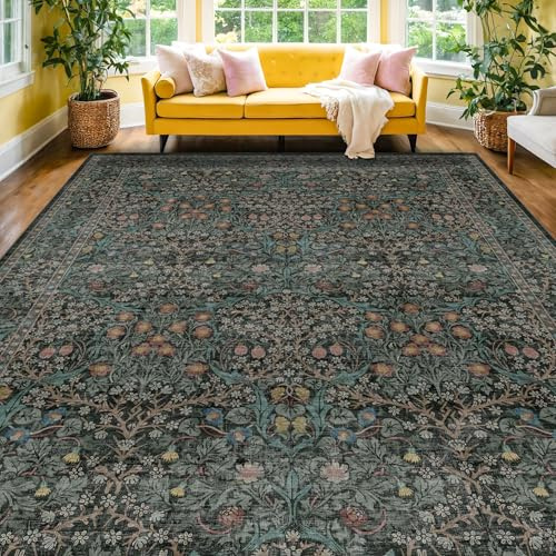 Vintage Dark Green Living Room Rug, 8x10 Washable Area Rugs for Dining Room Under Kitchen Table, Bedroom, Oriental Low Pile Stain Resistant Non-Slip Large Carpet (8x10 Dark Green)