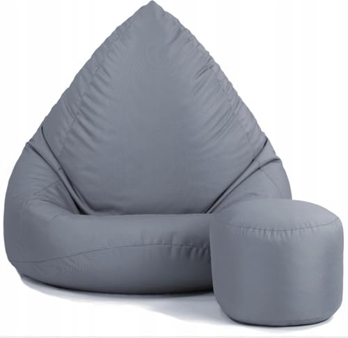 Pouf Poltrona Sacco con Poggiapiedi Grigio 112x82x82 cm - Pouf Sacco XXL da Esterno Impermeabile - Pratico e Facile da Trasportare - Bean Bag per Adulti e Bambini - Fodera Lavabile