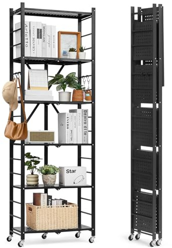 VEVOR 6 Etagen, Klappbare Regale mit Rädern, 30x61x183 cm, Faltbares Schwerlastregal, montagefreies Standregal, Haushaltsregal, Küchenregal, Metallregal für Garage, Küche, Keller, schwarz