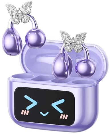 Clip On Schmuck Kopfhörer Open Ear Kopfhörer Kabellos Bluetooth 5.4 mit Intelligentem Touchscreen 4.1g Leichtgewicht Kopfhörer Sport, 60 Std Wireless Earbuds, M100 Schmetterling-Ohrring Violett-1