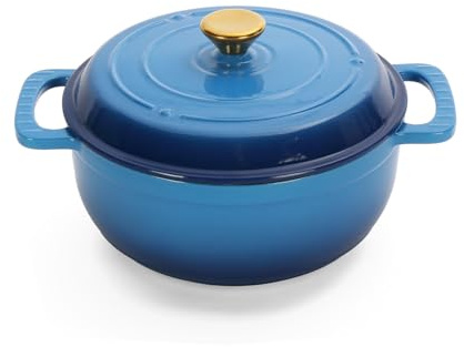 Bonnlo Enameled Cast Iron Round Pot, 26cm/5.2L Dutch Oven Cookware with Lid, Silicone Gloves, Heavy-Duty Pre-Seasoned Cookware for Bread Baking, Braising, Stews, Roasting - Blue, 5QT