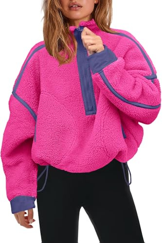 Panadila Womens Half Zip Fleece Pullover Sherpa Jacket (Hot Pink,M)