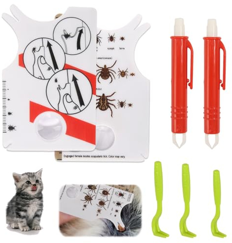 HURODZ Cartoncini per zecche con lente d'ingrandimento, inclusi ganci per zecche e rimozione delle zecche, 7 pezzi per la pulizia rapida delle zecche, per persone, cani, gatti e animali domestici