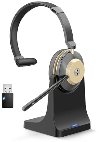 V5.3 Bluetooth-Headset mit Mikrofon für PC, Kabelloses Headset mit Mikrofon Rauschunterdrückung & USB-Dongle, 45 Std. Akku, Ladestation, Stummschaltung für Computer/Büro/Meeting/Call Center/Office
