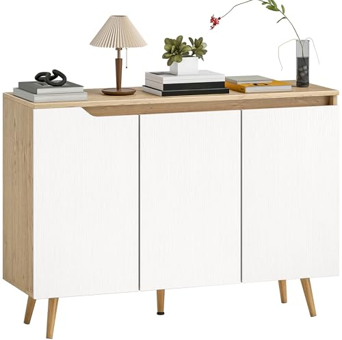 HOMCOM Sideboard Storage Cabinet, Kitchen Cupboard, 3 Doors, White & Oak | 2 Adjustable Shelves, 5 Rubberwood Legs, Living Room, Dining Room