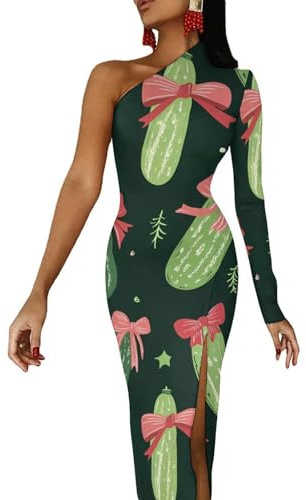 Vestidos de Navidad con hombros descubiertos para mujer, vestido largo de media manga con abertura, vestido de cóctel, Estilo:, L