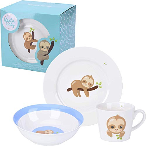 3 Piece Childrens Dinnerware Set - Durable Vegan New Bone China Kids First Ceramic Tableware - Sloth Plate, Mug and Bowl Gift for Boys, Girls, Keepsake