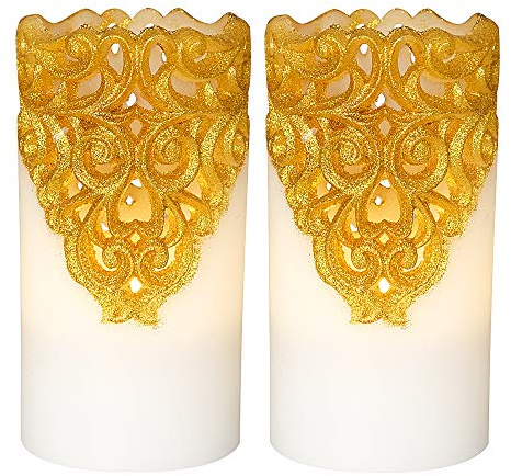 Eldnacele Flameless Christmas Gold Candles with 5H Timer, Flickering Real Wax Battery Operated Pillar Candles for Christmas Church Candles Pack Decoration Gold Set of 2