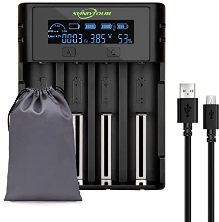 4 Ranuras 21750 21700 Cargador de bateria,SUNLYTOUR 4 Ranuras 18650 Cargador de Pilas para 20700 22700 22650 26650 26700 16340 (RCR123) Ni-MH AA Batería Recargable con Placa de Protección de PCB