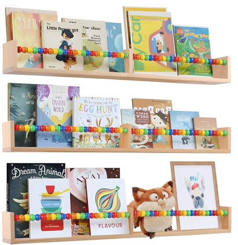 birola Nursery Book Shelves Set of 4,Wood Floating Nursery Shelves for Wall,Wall Bookshelves for Kids，Bathroom Decor, Kitchen Spice Rack (Set of 4)