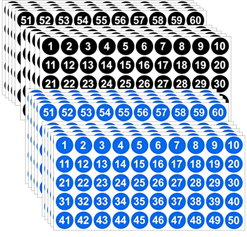 20 Feuilles d'Autocollants Numéros en Vinyle 25mm Chiffres Adhesifs Ronds 1-100 Autocollants Nombres Étanches pour Organisation Boîtes Rangement Casiers Fournitures Scolaires Bureau, Noir + Bleu