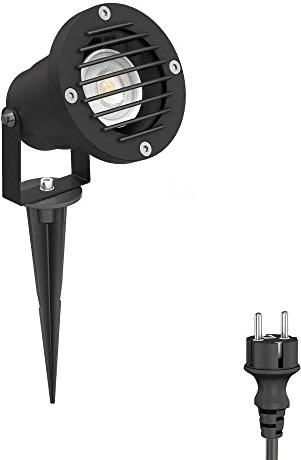 ledscom.de Foco de jardín DUK, de rejilla, con toma de tierra para exteriores, negro, IP65, incl. lámpara GU10 468lm, blanco cálido