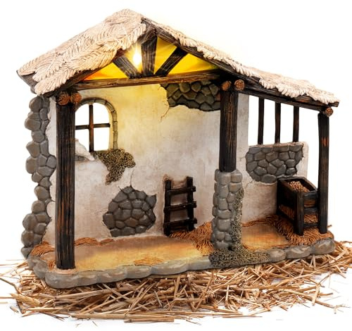 Fovths 14 Inch Decorated Nativity Stable Lighted Tabletop Ornaments with LED Lights for Christmas