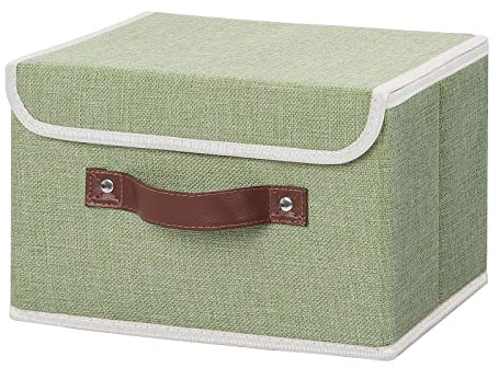 ANMINY Storage Bin with Lid Storage Boxes with PU Leather Handles PP Plastic Board Decorative Foldable Lidded Cotton Linen Fabric Home Cubes Baskets Closet Organizer Container - Green, Small Size