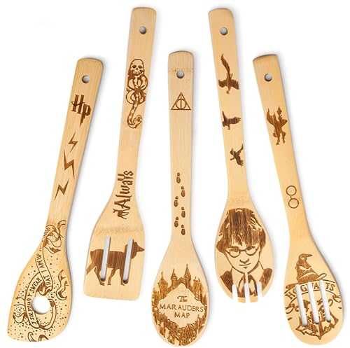 5 PCS Wooden Spoons Cooking Utensils,Harry Potter Baking Decoration,HP Bamboo Spatula for Farmhouse Kitchen Accessories,Gifts for Housewarming Wedding Valentine's Day