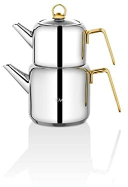TAÇ Teekanne Set – 18/10 Edelstahl Teekocher – Induktion & Spülmaschinenfest – Geschenkidee für Teeliebhaber – Türkischer Çaydanlık (Gold, Family)