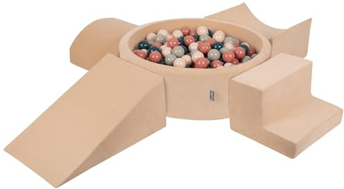 KiddyMoon Area di Gioco in Schiuma con Tondo Piscina di Palline per Bambini Piscina (200 Palline) + Version 5, Beige Sabbia: Turchese Scuro/Beige Pastello/Verde Grigio/Salmone