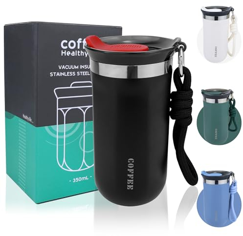 Disoza 340 ml Nero Tazza Termica Caffe Bicchiere Termico con Cannuccia Bicchiere Portatile Caffe Tazza Termica da Viaggio Tazza da Viaggio Bicchiere da Viaggio Caffè Piccolo Tazza Caffe