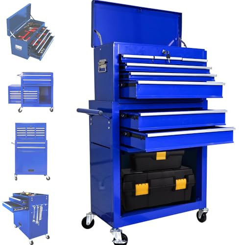 8 Drawer Rolling Tool Chest Blue, Large Tall Tool Box with Wheels, Lockable Stand up Toolbox,Metal Garage Tool Cabinets Organizer, Rolling Tool Cart for Workshop