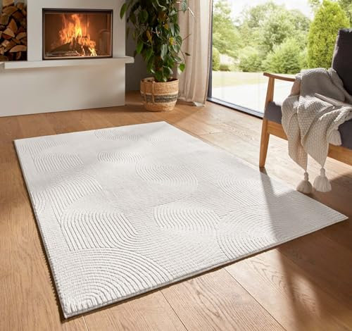 Taracarpet Kurzflor Boho Skandi Polyester Teppich in 3D Optik waschbar, pflegeleicht und robust ideal fürs Wohnzimmer, Schlafzimmer und Kinderzimmer auch als Badematte Creme Wellen 050x080 cm
