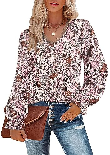 Flikity Tops for Women UK, Blouses for Women Long Sleeve Top Womens Evening Going Out Tops Ladies Top Size 12-14 Work Autumn Clothes Floral Shirts Khaki M