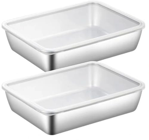 Stainless Steel Square Plate with Lid, 2PCS 10x8x2 Stainless Steel Trays for Food, Stackable Square Baking Pan with Flat Bottom, Easy to Clean Cake Pan with Lid