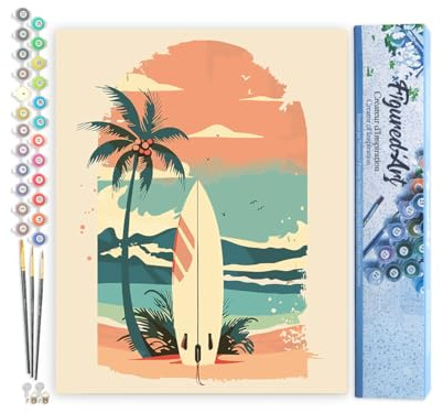 Figured'Art Peinture par Numéro Adulte Planche de surf sur la plage - Activité Manuelle Kit de Loisir Créatif DIY Numéro d'Art Complet - 40x50cm sans châssis en bois
