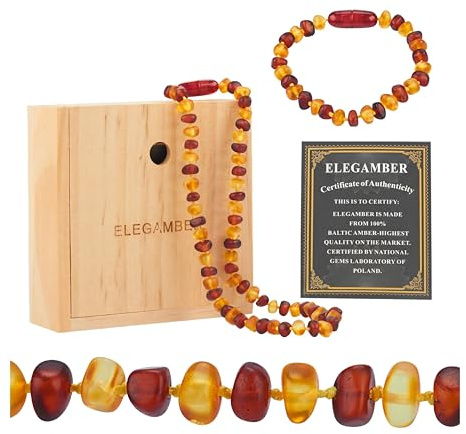 ELEGAMBER Baltic amber necklace for women Gift Set -100% Certified and Authentic Premium Quality Raw Baltic Amber-True amber stone bead. (12.5+5.5 inch red&cognac suit)