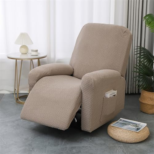 Hearda 1 Seater Jacquard Recliner Chair Cover, Recliner Slipcover for Electric Chair with Pockets, 4 Pieces Stretch Recliner Sofa Covers, Non-Slip Armchair Covers, Sofa Slipcovers Protector-Khaki