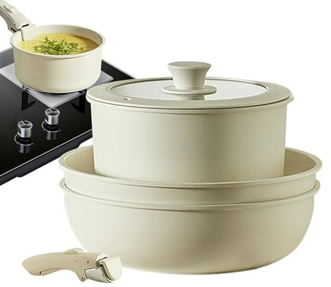 Säkert pannset, induktionskokkärl set, säker kastrull- och kastrulluppsättning | husbil-köksset, non-stick matlagningsset, non-stick belagd krämvit kastrull-set, avtagbart handtag