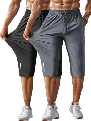 Hidkat herr 3/4 capribyxor under knälånga shorts, 2-pack svart/grå, M