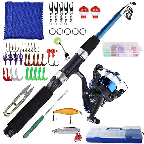 Angelset für Kinder, 1.5m Kinderangel Starter Set mit Angelrolle und Köder, Kohlefaser Teleskop Angelrute und Angelschnurrolle, Angel Zubehör für Kinder von 3-10 Jahren, Angel Set komplett