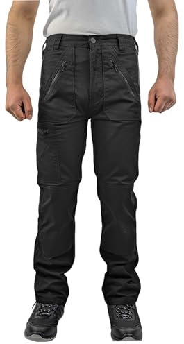 DURUS WORKWEAR Mens Durable Water Repellant Work Action Trousers with Knee Pad Pockets YKK Zip Black