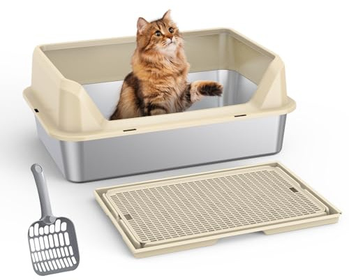 Arenero Acero Inoxidable Gatos, Arenero Gato Grande XXL con Protección contra Salpicaduras, Borde Alto Extraíble, Grande 50x35x25cm para Hogares Varios Gatos, Resistente a Los Olores Duradero (C)