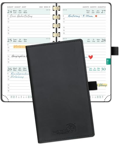 POPRUN Taschenkalender 2026 Klein 16,5 x 9 cm (Jan.2026-Dez.2026) - Kalender 2026 Klein Ringbuch mit Softcover - Terminplaner, Planer 1 Woche 2 Seite mit Kartenschlitz - Schwarz