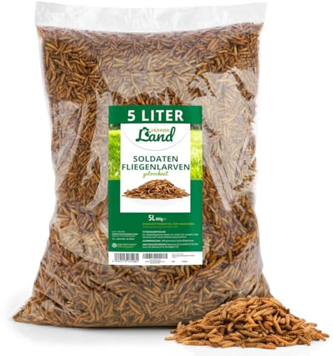 HÜHNER Land Larvas de moscas de soldado secas de 5 litros, larvas enteras, alimento ornamental sin aditivos, para aves ornamentales y reptiles