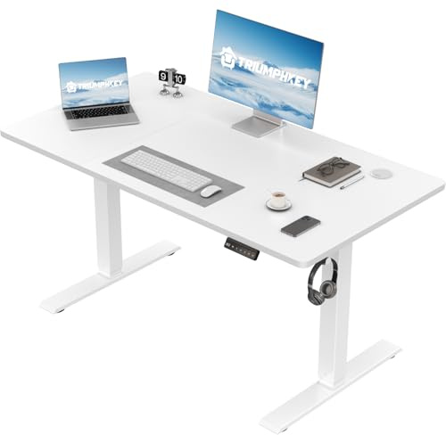 TRIUMPHKEY Escritorio Elevable Eléctrico 110x60cm, Mesa Escritorio Elevable con 3 Memorias, Pantalla LED y Ajustable en Altura Suave, Mesa Elevable Escritorio en Blanco