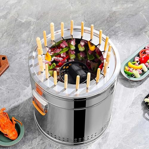 PNAJFUEL Affumicatore a Carbone - Barbecue a Botte Senza Fumo con 30 Spiedini in Acciaio Inossidabile, Capacità per Cucinare All'Aperto/a