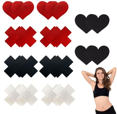 AOEVUIR 10 Paires Cache-Tétons Auto-Adhésifs en Forme de Cœur et de Croix, Invisibles et Fins, Sexy Nipple Covers pour Femmes et Filles Noir et Rouge