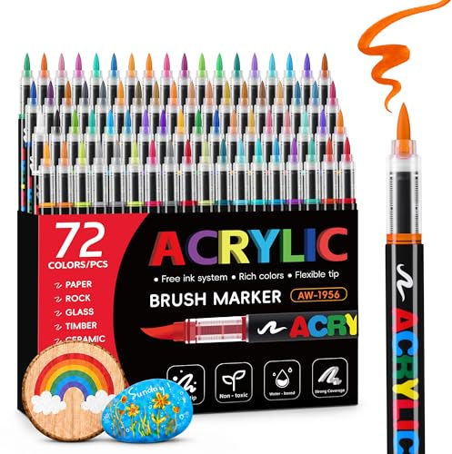 Tongfushop 72 Pennarelli Acrilici, Acrylic Marker Pennello con Flusso Auto-Regolato, Impermeabili ad Asciugatura Rapida per Decorare Sassi, Legno, Ceramica e Vetro | Ideale per Adulti e Fai da Te