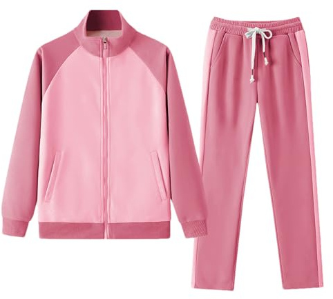 amropi Donna Tuta da Cerniera Felpa a Contrasto Giacca e Jogging Pantaloni Tute 2 Pezzi Sportivo Completo Rosa, L