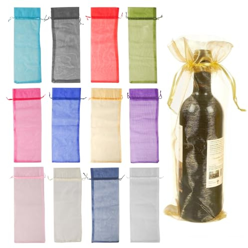 BigKego Organza vinväska, 14 x 37 cm, 12 stycken | Med dragsko, vinflaska presentpåse, vin presentpåse, flaskpåsar, för vin champagne bröllop jul fest