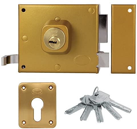 Amig - Cerradura de Sobreponer de Derecha con Palanca de Cierre, Lengüeta y Tirador para Puertas de Madera Mod. 73, 100 x 85 mm, Pestillo Con Cilindro Europerfil, Acero Dorado