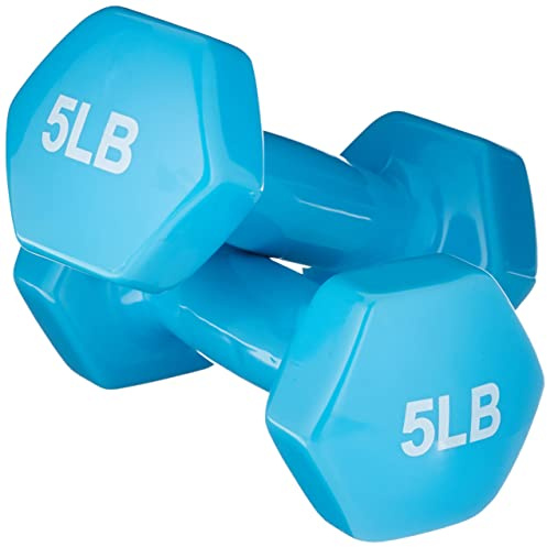 Amazon Basics Vinyl Coated Hex Dumbbell Hand Weights with Non-Slip Grip, 5 Pounds, Light Blue, Pair