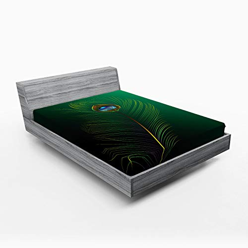 ABAKUHAUS Tier Spannbetttuch, Pfau-Vogel Plumes, Soft Dekorativer Stoff Bettwäsche Rund-um Elastischer Gummizug, 140 x 200 cm,Grün und Blau