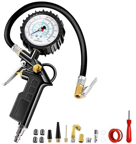 Anykuu Reifendruckmesser Reifenfüller Luftdruckprüfer 220 PSI Multifunktion Luftdruckprüfer mit Ventil Kern Werkzeug für Auto Motorräder Fahrräder