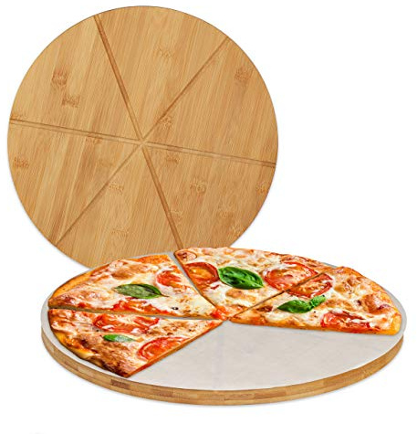 Relaxdays Pizzabräda bambu set om 2, runda pizzatallrikar 33 cm Ø, inkl. bakpapper, pizza skärbräda med spår, natur