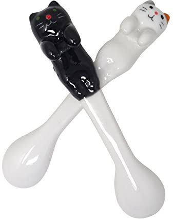 Honbay 2PCS Mini Cute Ceramic Cat Spoon Hangable Tea & Coffee Sugar Spoons (Black)