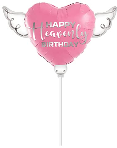 Heavenly Balloons Pink Happy Heavenly Birthday 8 Heart Balloon on a Stick with Angel Wings - Memorial & Remembrance | Grave Decoration for Cemetery and Graveside